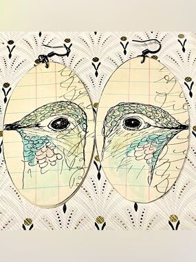 Handmade Wooden Hummingbird Illustration Oval Earrings- Like New